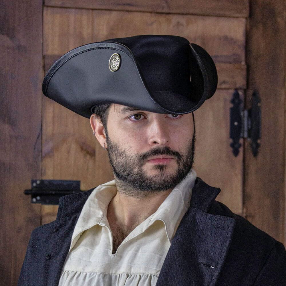 Leather Maritime Tricorn | Brass Dubloon Pin | Double-Stitched Edges