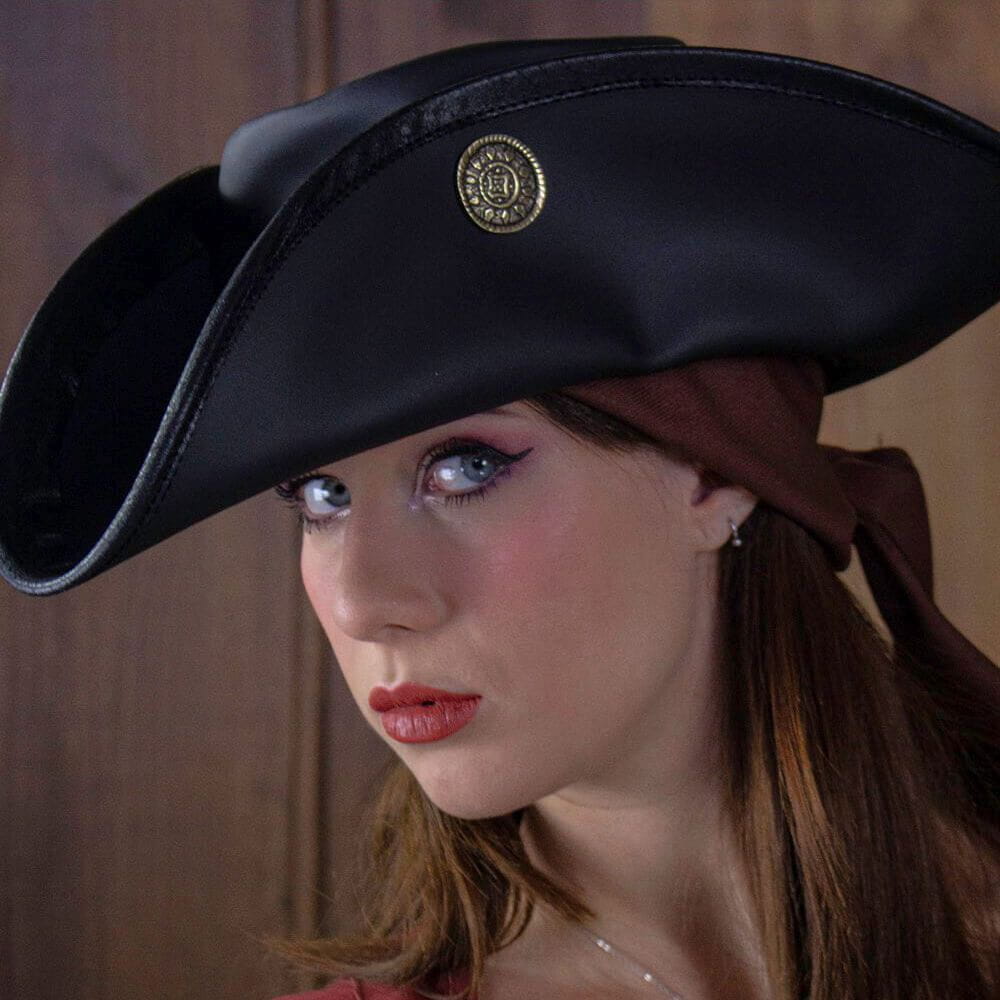 Leather Maritime Tricorn | Brass Dubloon Pin | Double-Stitched Edges