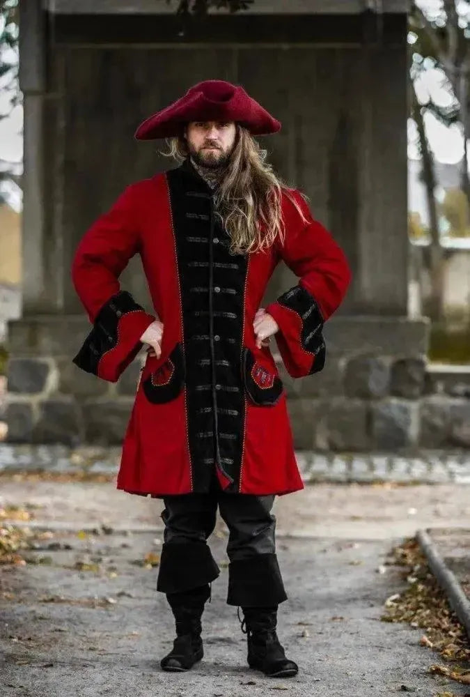 Red with Black Trim Velvet Renaissance Frock Coat | Elegant Metal Buttons-Renaissance Wardrobe