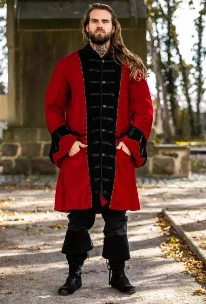Red with Black Trim Velvet Renaissance Frock Coat | Elegant Metal Buttons-Renaissance Wardrobe