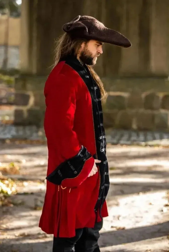 Red with Black Trim Velvet Renaissance Frock Coat | Elegant Metal Buttons-Renaissance Wardrobe