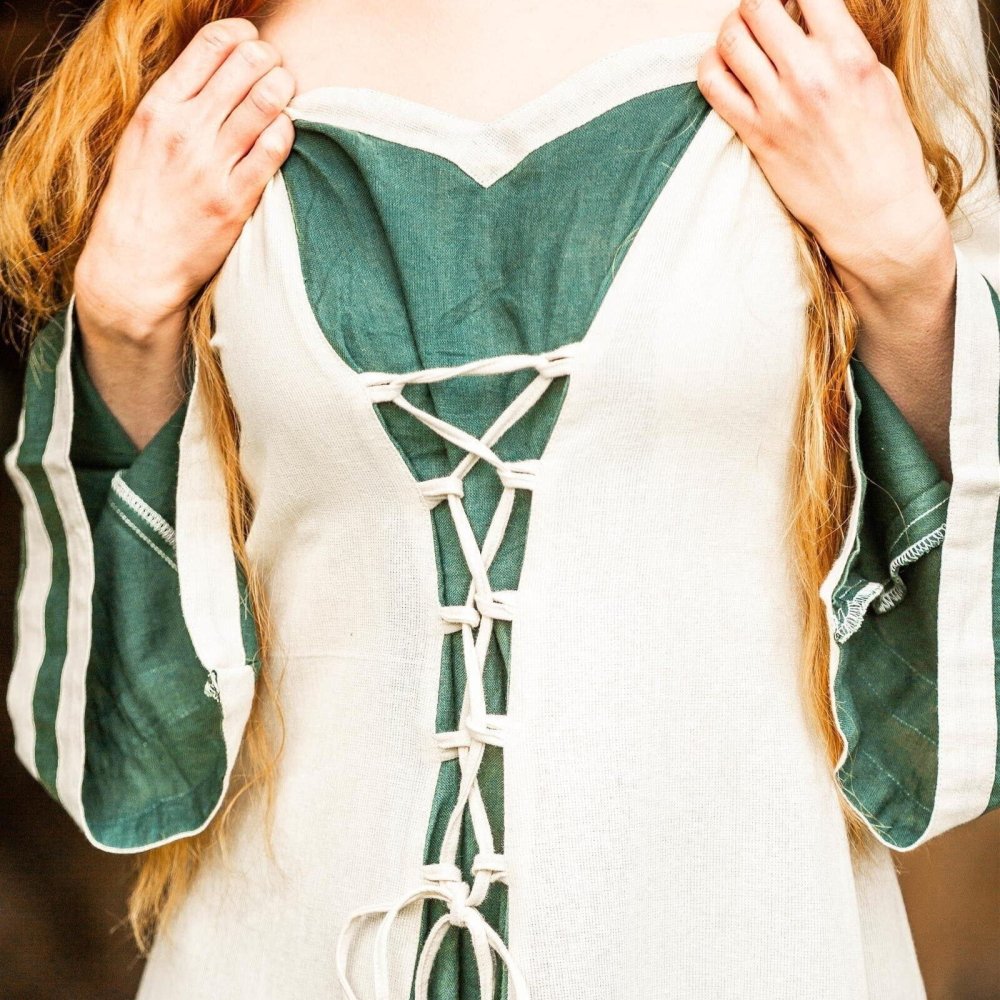 Renaissance Dress - Long Sleeves in Natural and Green with Lacing-Renaissance Wardrobe