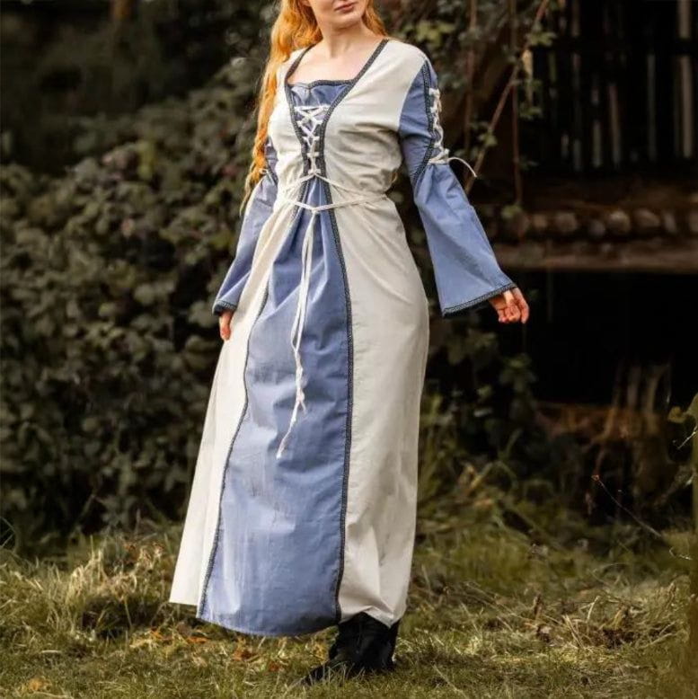 Ivory and blue Renaissance dress with elegant borders, laces, and long sleeves.