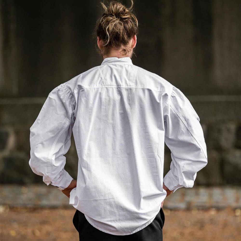 Back of a loose-fitting white Renaissance shirt with drawstring sleeves and stand collar.