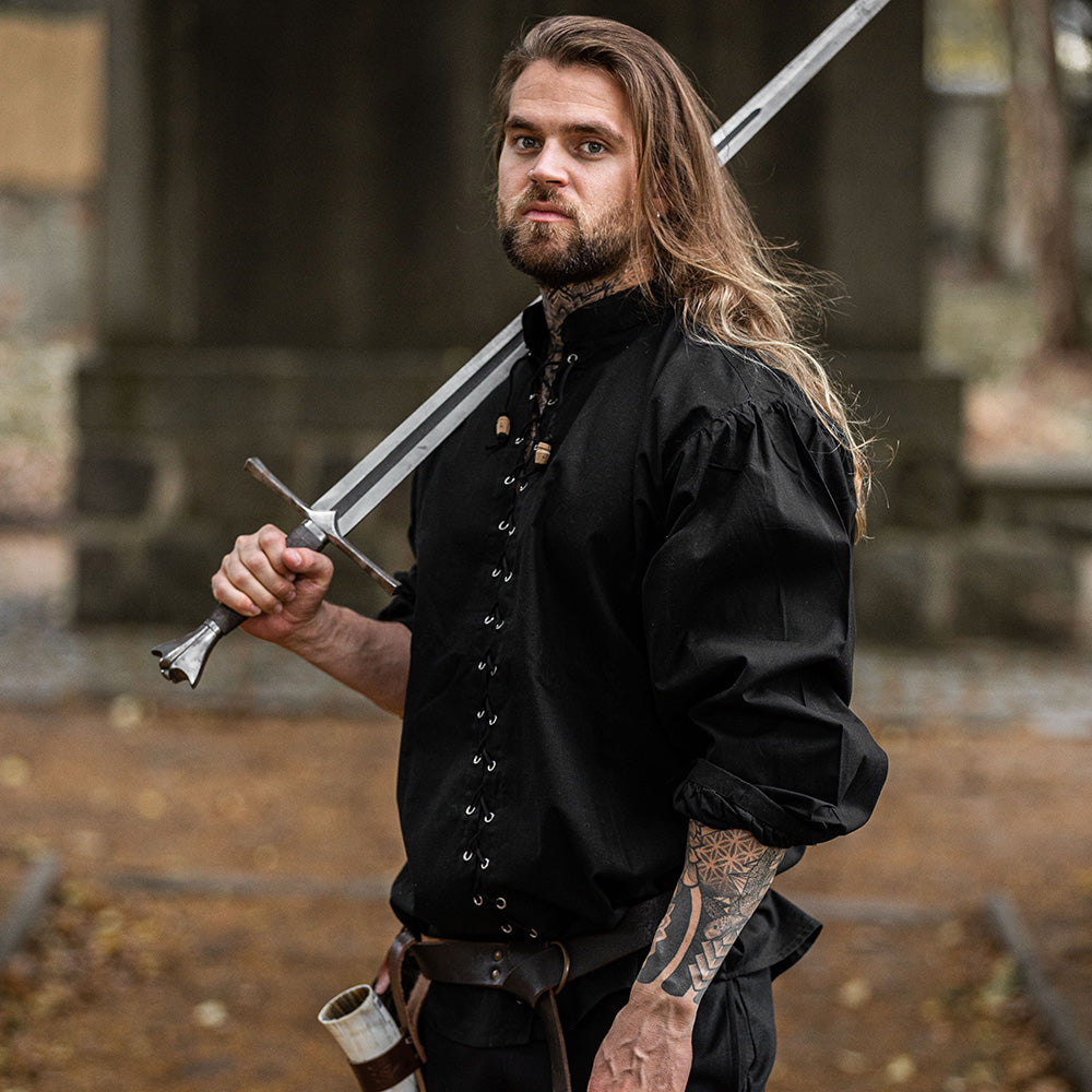Renaissance black cotton-linen shirt with laced front, stand collar, and drawstring sleeves.