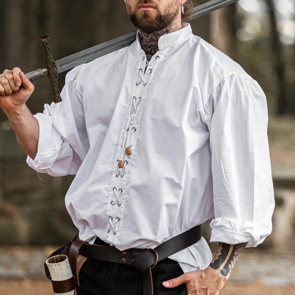 White Renaissance shirt with front lacing, wooden buttons, and adjustable tie sleeves.