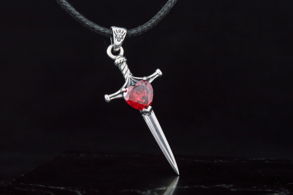 Renaissance Sword Pendant with Red Accent | Sterling Silver-Renaissance Wardrobe
