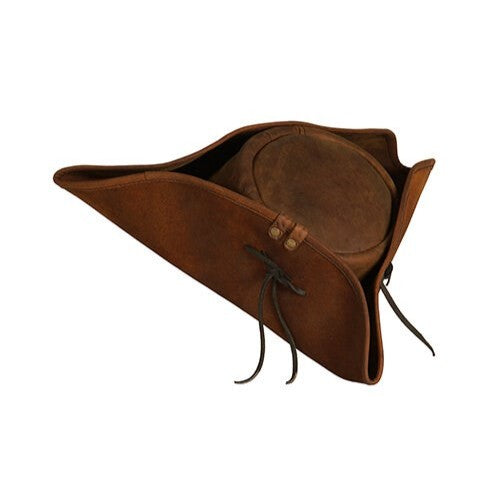 Brown genuine leather Renaissance tricorn hat with three-corner fold and leather ties.