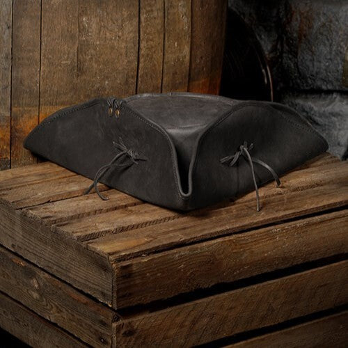Dark brown genuine pull-up leather Renaissance tricorn hat with traditional three-corner fold.