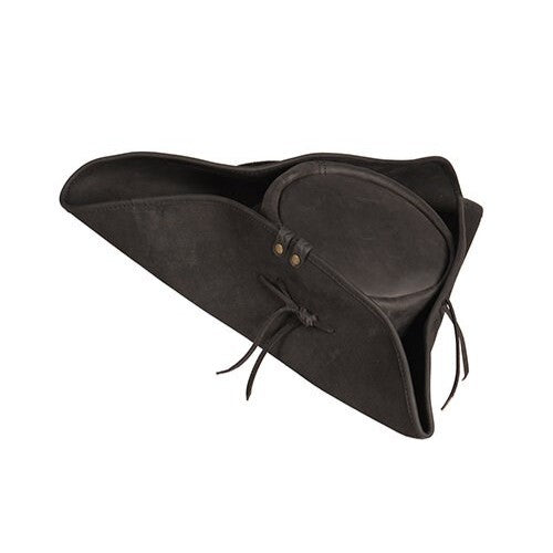 Dark brown genuine leather Renaissance tricorn hat with three-corner fold and leather ties.