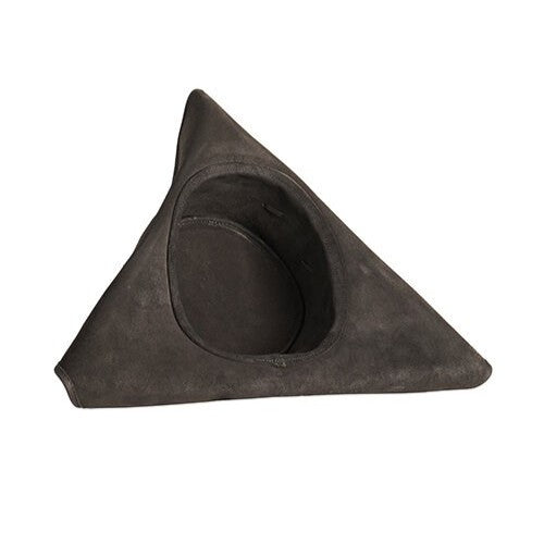 Dark brown genuine leather Renaissance tricorn hat with classic three-cornered fold.