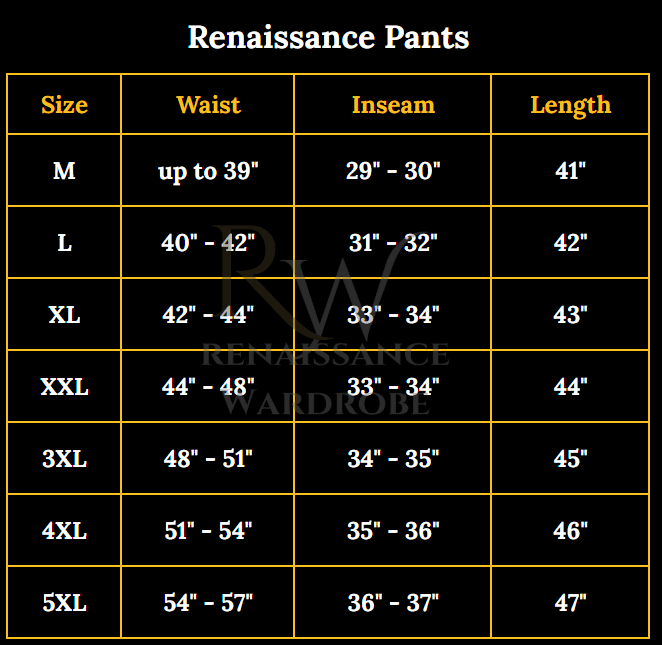 Renaissance Pants size chart with waist, inseam, and length measurements for M to 5XL.