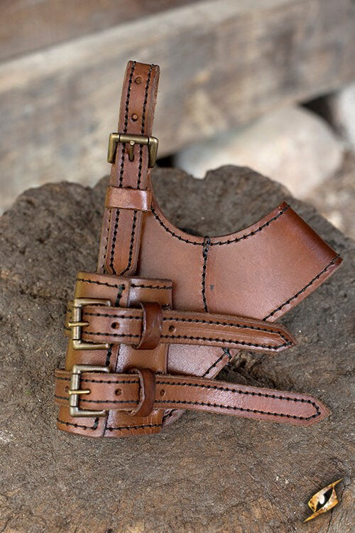 Brown leather sword frog with gold buckles designed for right-handed draw; ideal for medieval cosplay gear.