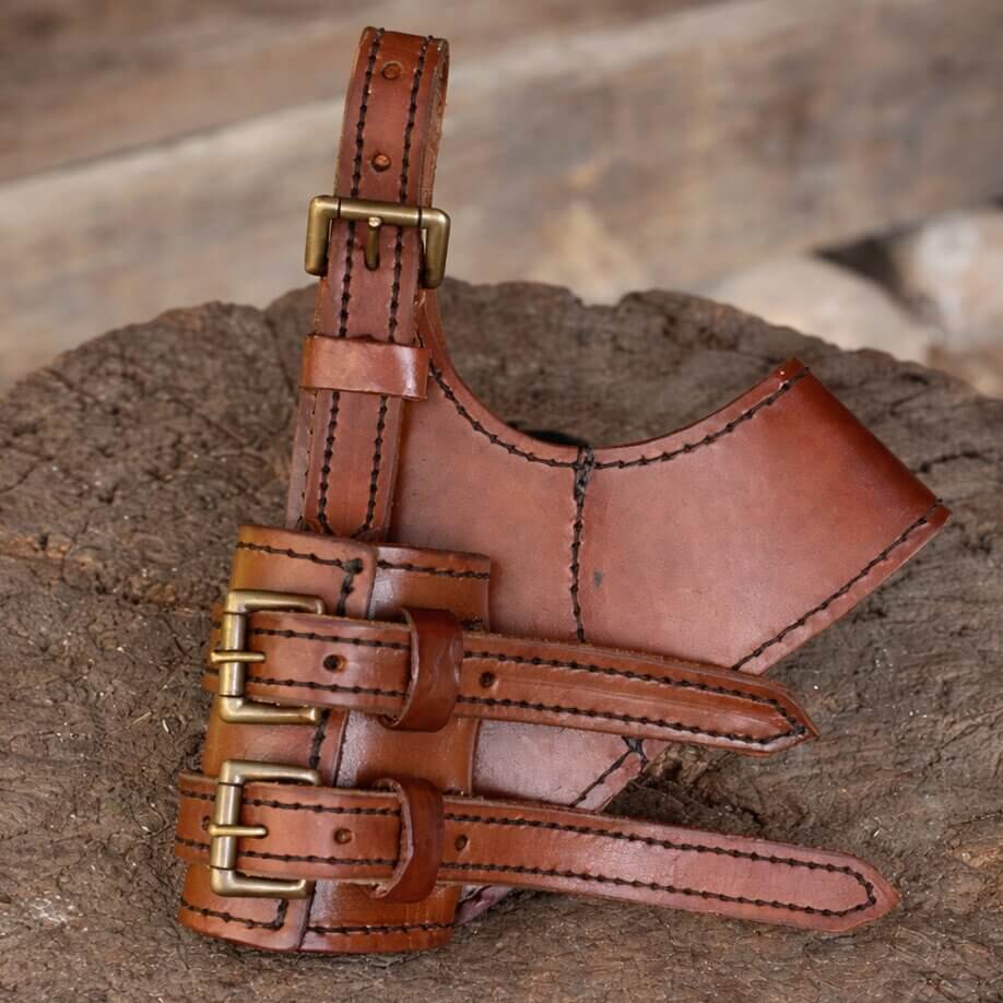 Brown leather sword frog with gold buckles designed for right-handed draw; ideal for medieval cosplay gear.