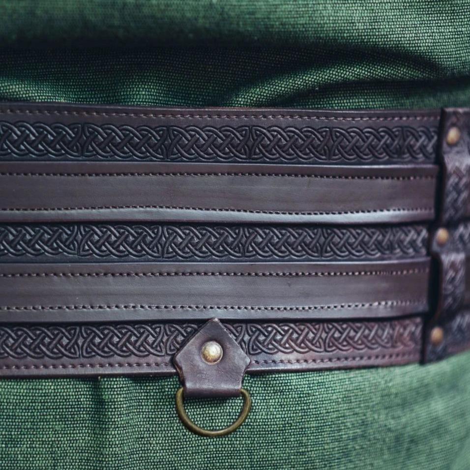 Brown, thick genuine leather Renaissance weapons belt with unique double design and Celtic knot embossing.