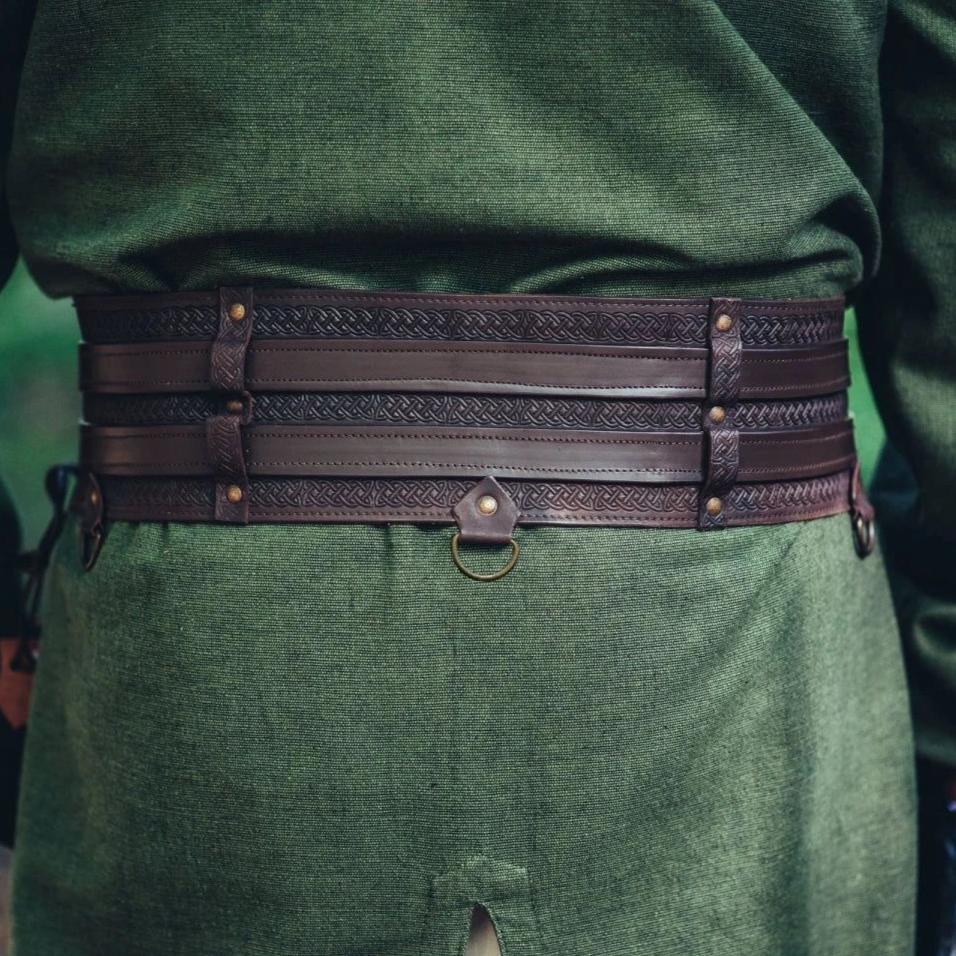 Brown thick leather Renaissance weapons belt with unique double design and Celtic knot embossing.