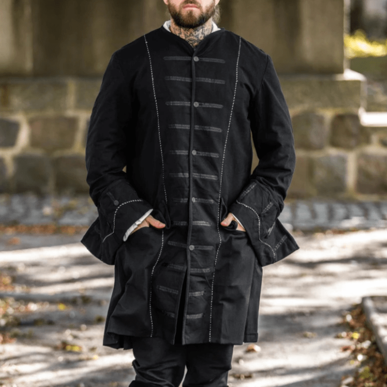 Black Long Frock Coat | Wide Rolled Sleeves with Metal Buttons-2-Viking Warrior