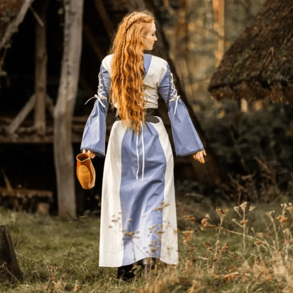 Viking Dress with Borders and Laces - Natural and Blue-3-Viking Warrior