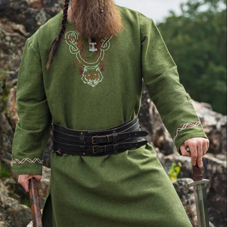 Green Viking Tunic with Fenrir Wolf Embroidery | Long Sleeve-2-Viking Warrior