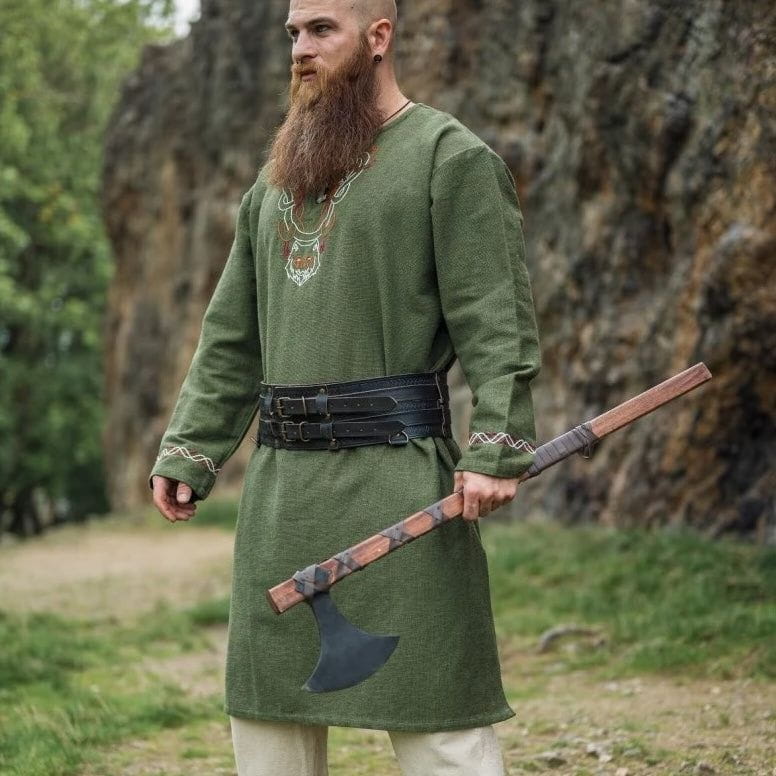 Green Viking Tunic with Fenrir Wolf Embroidery | Long Sleeve-5-Viking Warrior
