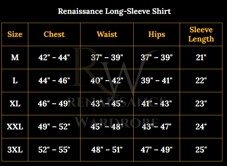 Renaissance long-sleeve shirt size chart with chest, waist, hips, and sleeve length measurements.