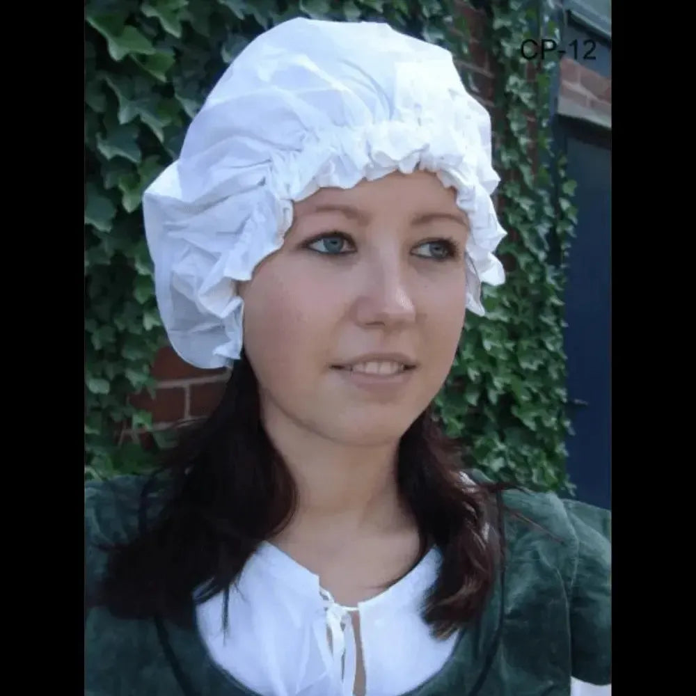 White Renaissance cotton coif with elastic band, worn by a woman.