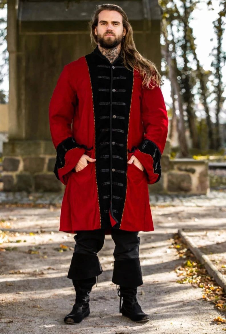 Red with Black Trim Velvet Renaissance Frock Coat | Elegant Metal Buttons