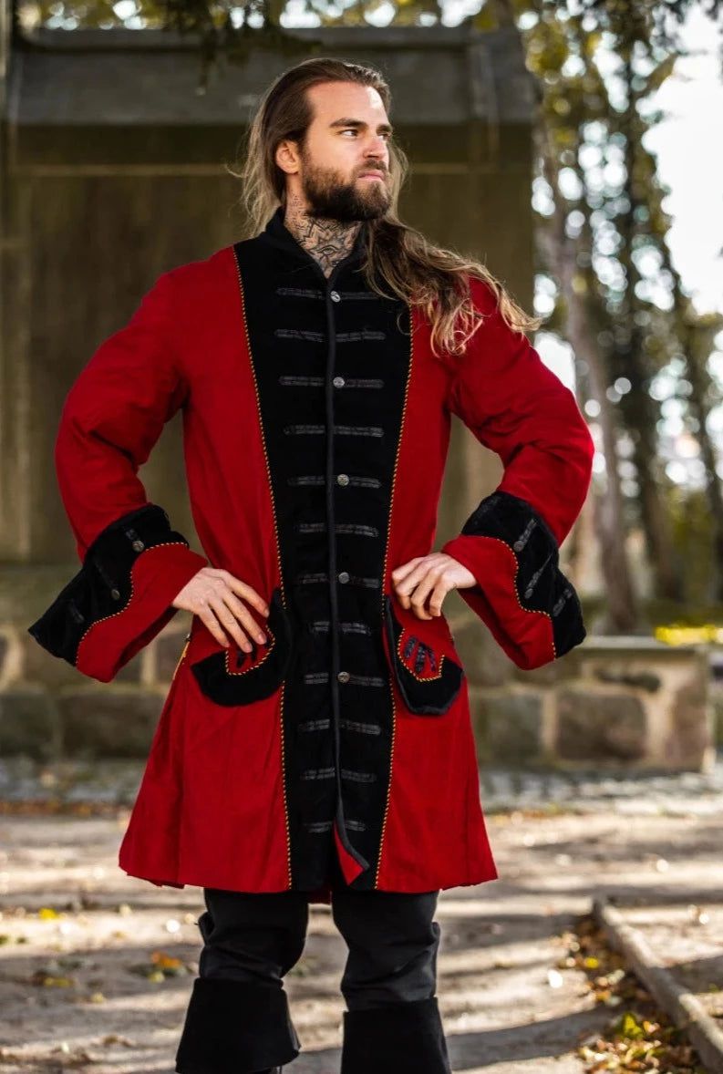 Red with Black Trim Velvet Renaissance Frock Coat | Elegant Metal Buttons