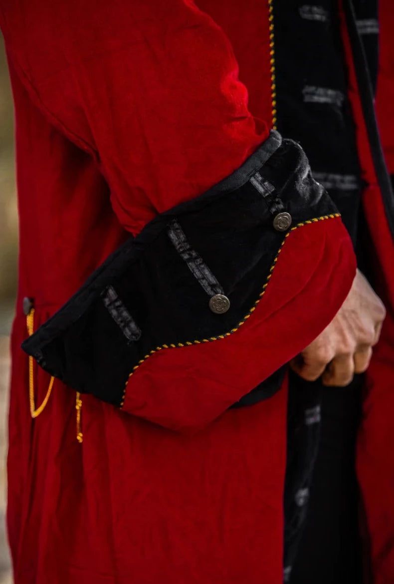 Red with Black Trim Velvet Renaissance Frock Coat | Elegant Metal Buttons