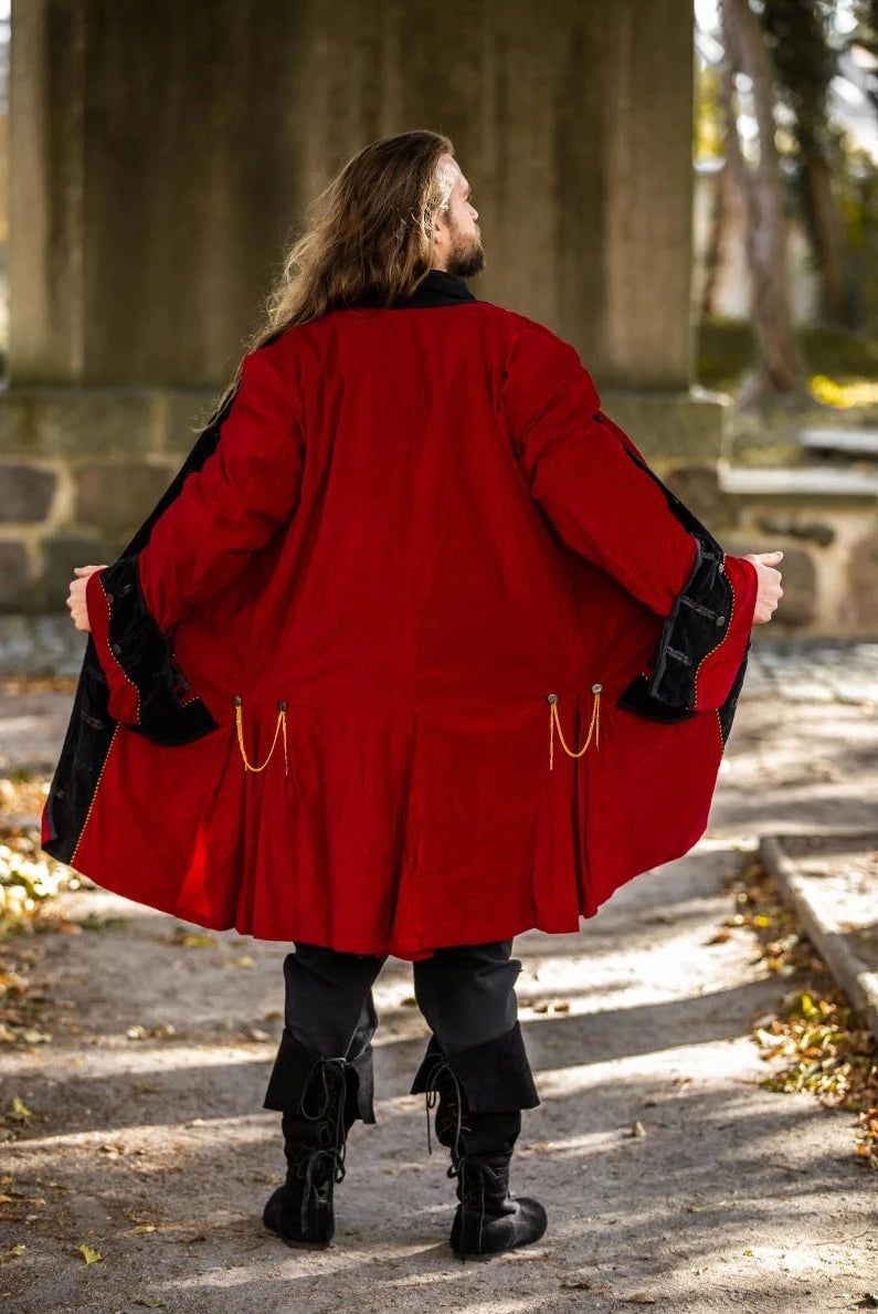 Red with Black Trim Velvet Renaissance Frock Coat | Elegant Metal Buttons