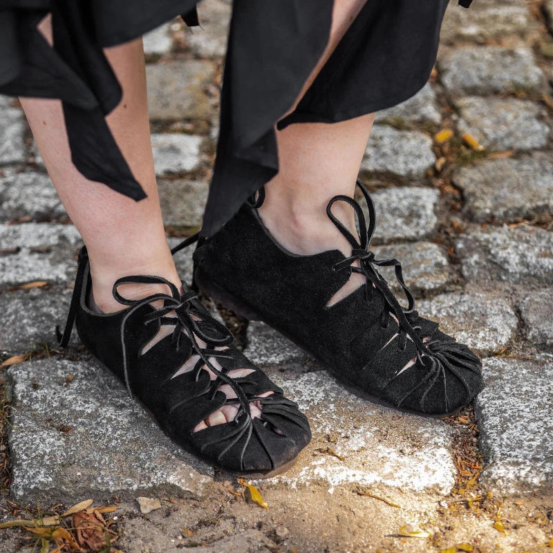 Renaissance Womens Black Suede Shoes | Ladies Bundschuhe Leather Footwear