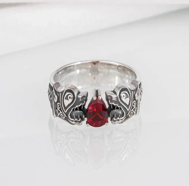 925 silver Viking ring with Norse wolf Fenrir and gem, unique handcrafted jewelry-6