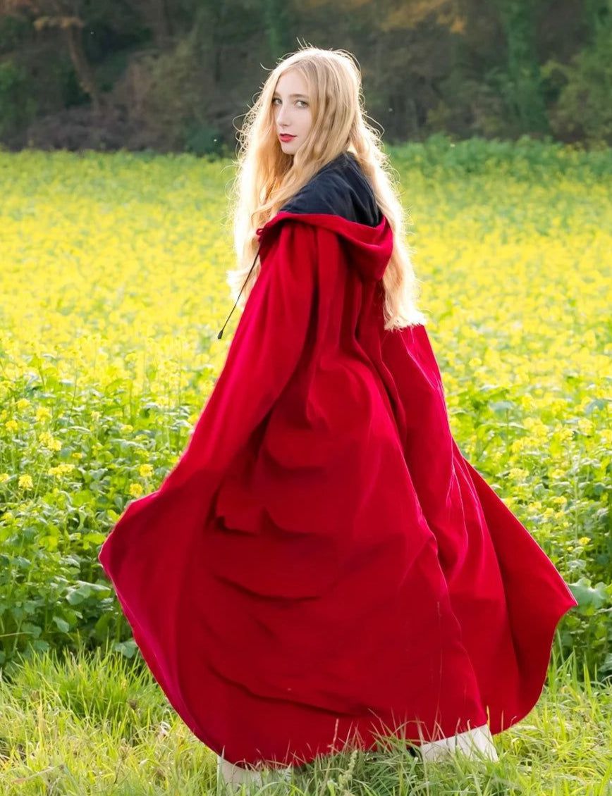 Hooded Red Velvet Cloak With Inner Lining
