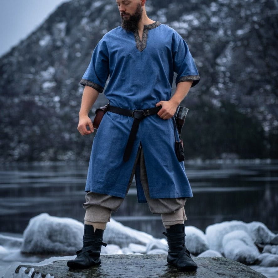 Dove Blue Viking Tunic with Short Sleeves, Embroidered Border-2-Viking Warrior
