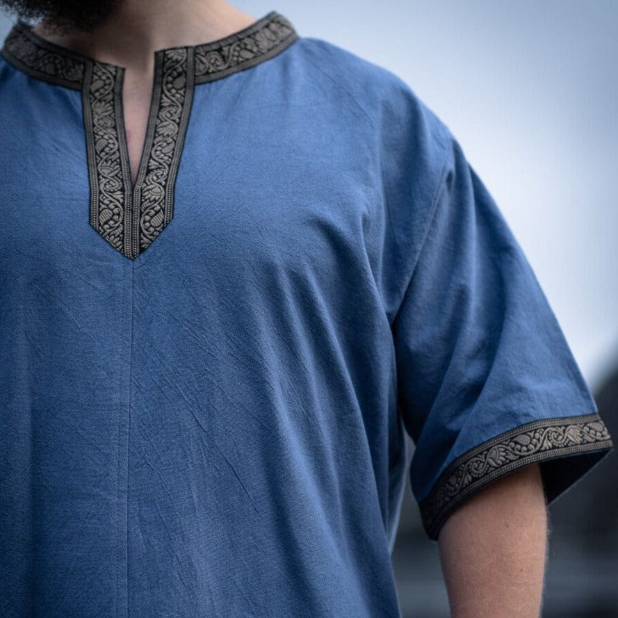 Dove Blue Viking Tunic with Short Sleeves, Embroidered Border-7-Viking Warrior