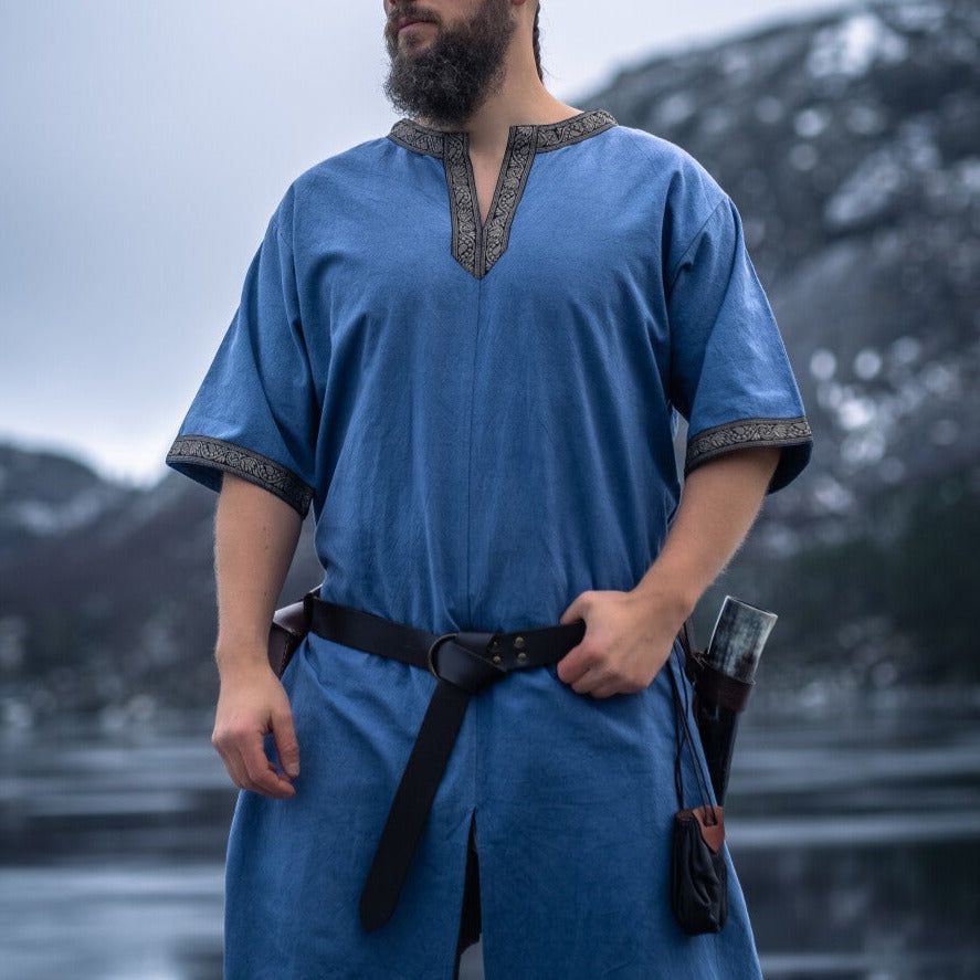 Dove Blue Viking Tunic with Short Sleeves, Embroidered Border-4-Viking Warrior