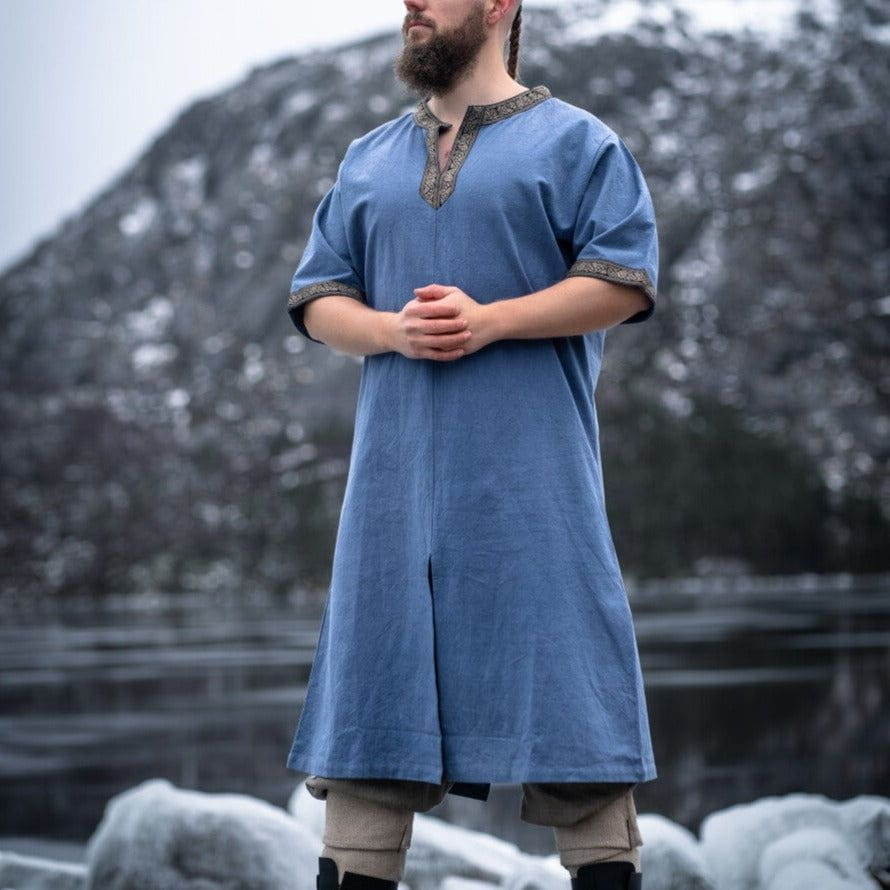 Dove Blue Viking Tunic with Short Sleeves, Embroidered Border-6-Viking Warrior