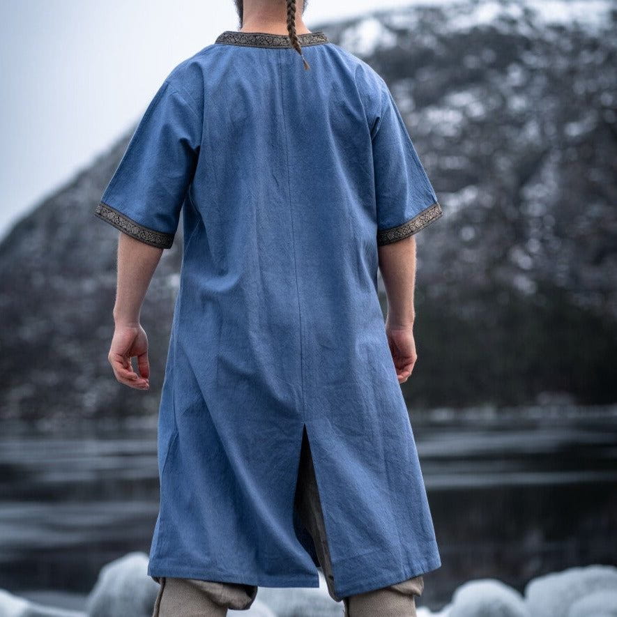 Dove Blue Viking Tunic with Short Sleeves, Embroidered Border-5-Viking Warrior