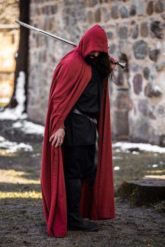 Red Viking Cloak with Hood | Summer-weight Cotton Cloak-4-Viking Warrior