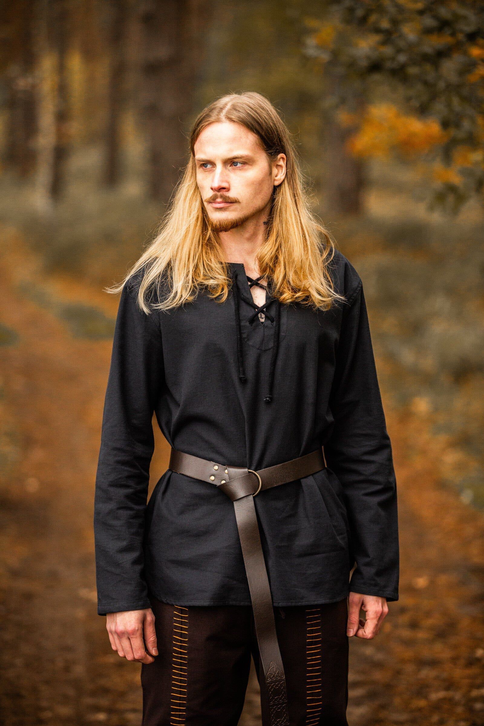 Black Cotton Renaissance Shirt | Long Sleeves, Lace-Up Collar