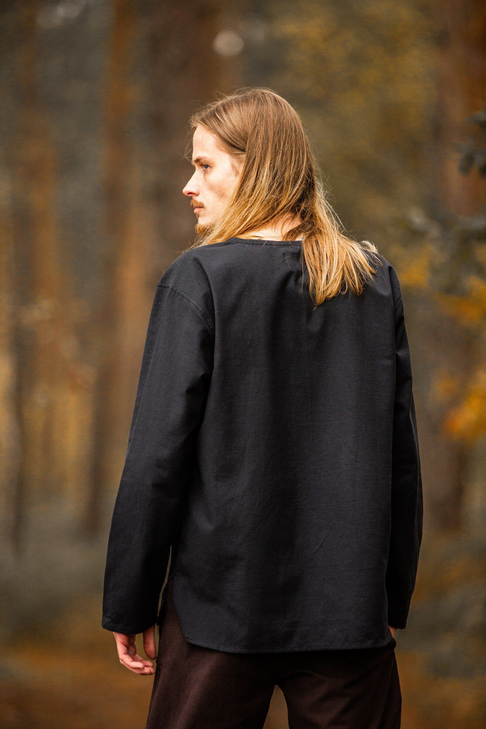 Black Cotton Renaissance Shirt | Long Sleeves, Lace-Up Collar