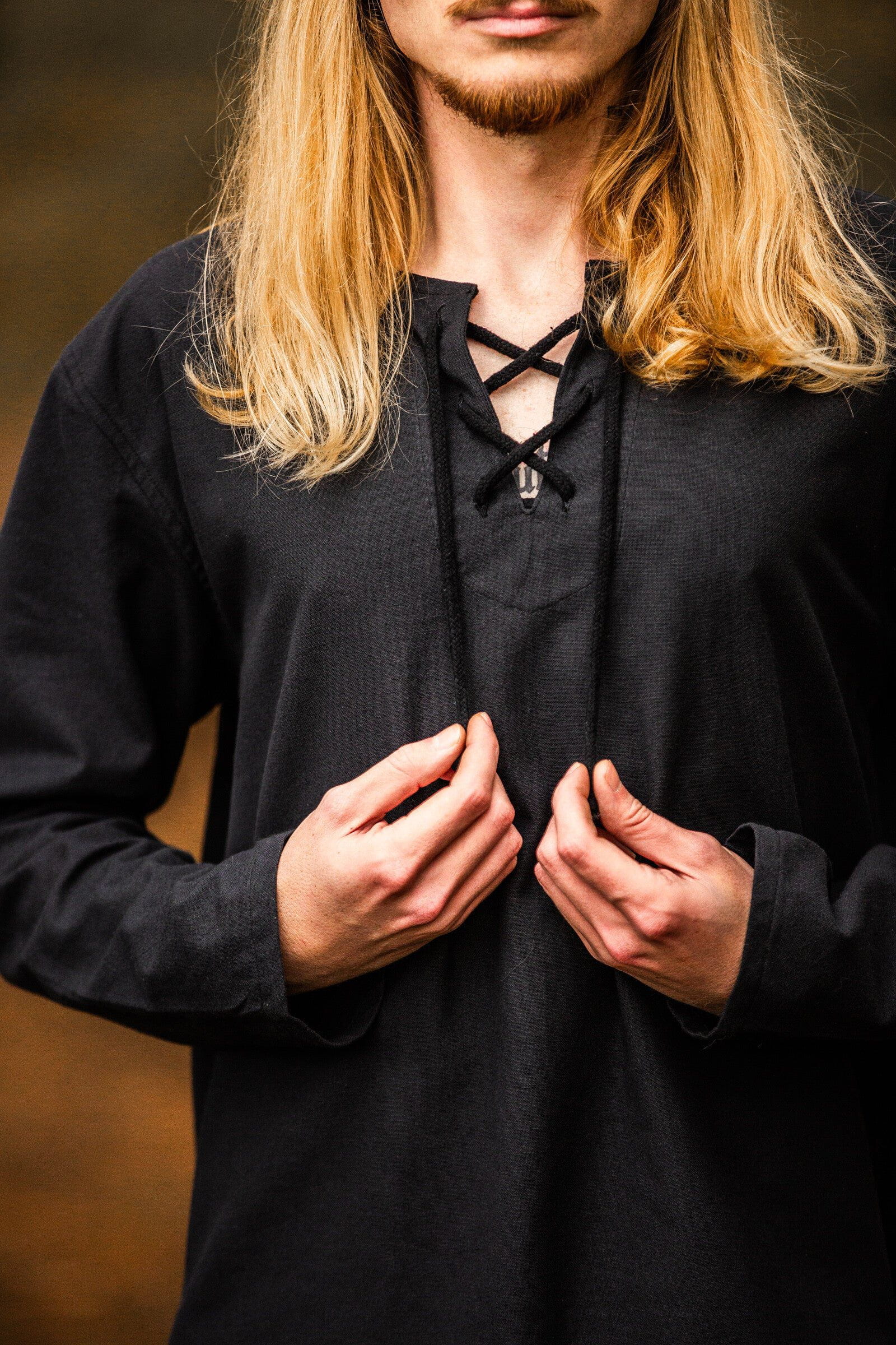 Black Cotton Renaissance Shirt | Long Sleeves, Lace-Up Collar