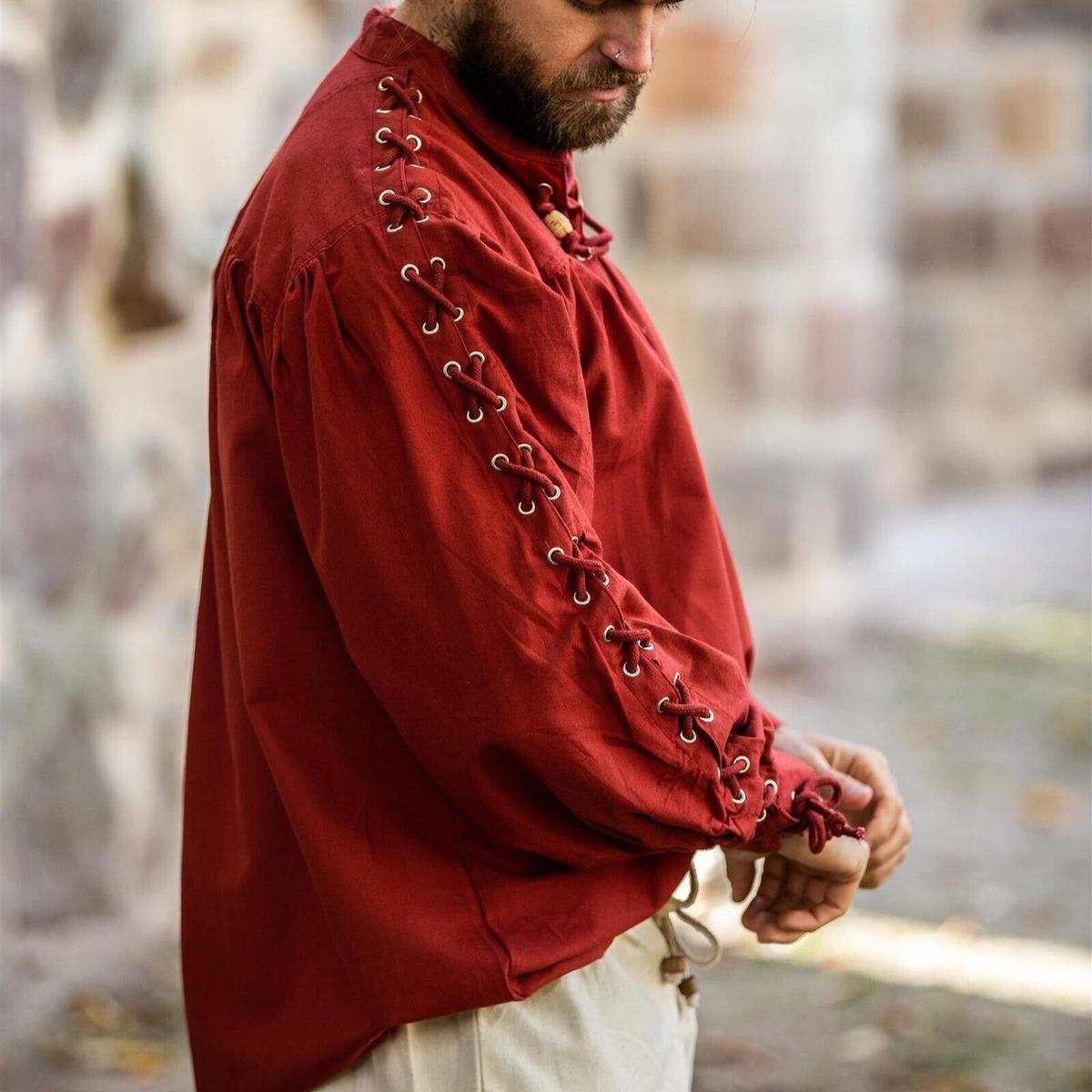 Renaissance Shirt in Red with Laceup Sleeves-2-Viking Warrior