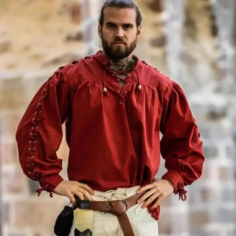 Renaissance Shirt in Red with Laceup Sleeves-1-Viking Warrior