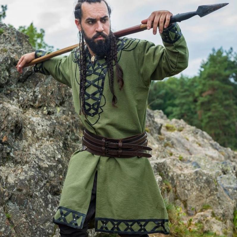100% cotton green viking tunic with leather trim