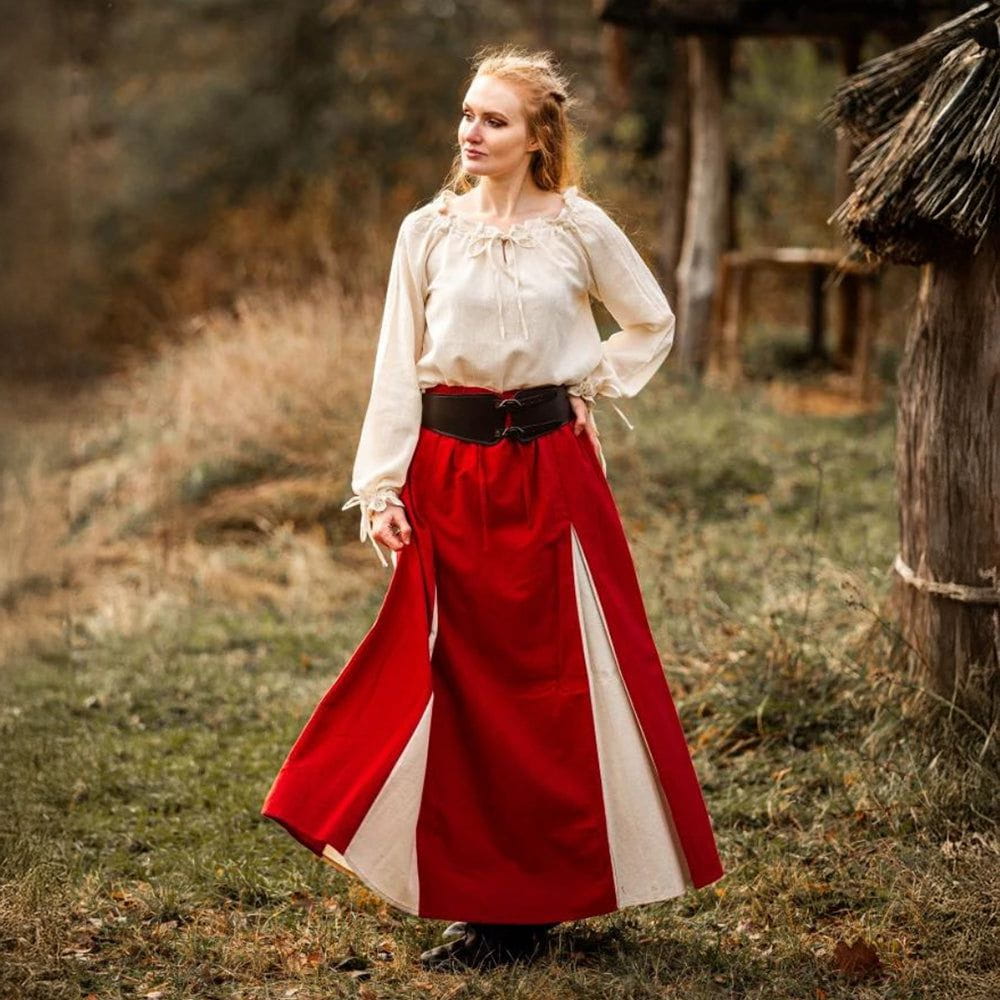 Red and natural Renaissance ladies skirt with lace-up front