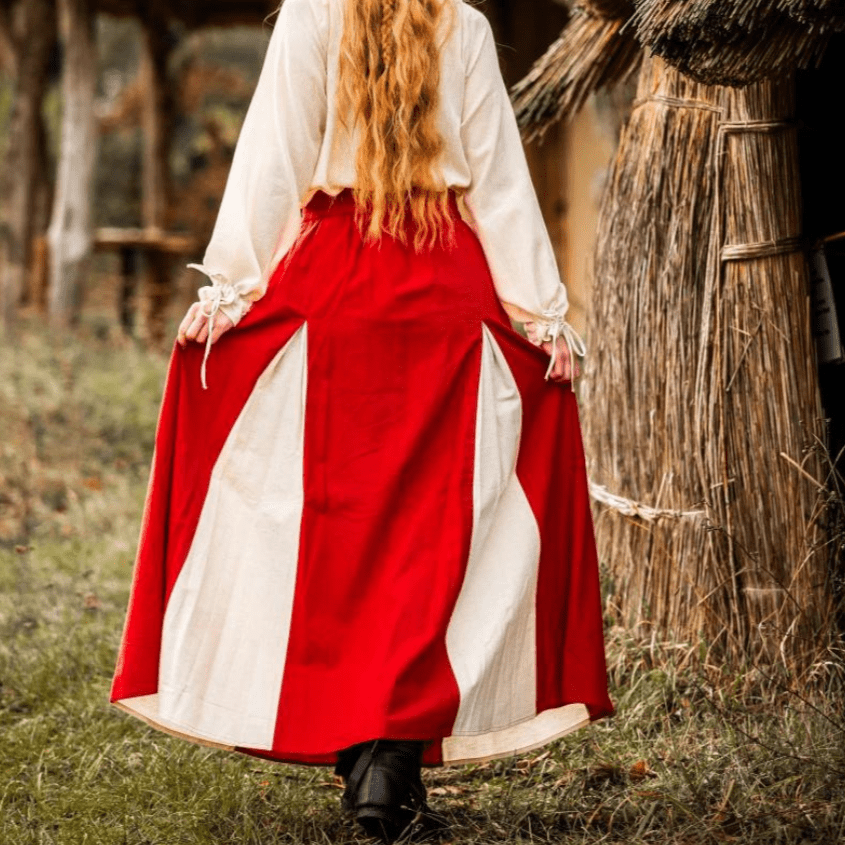 Detail of the red and natural cotton-linen fabric