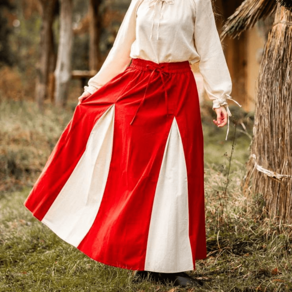 Red and natural Renaissance skirt styled for faire wear