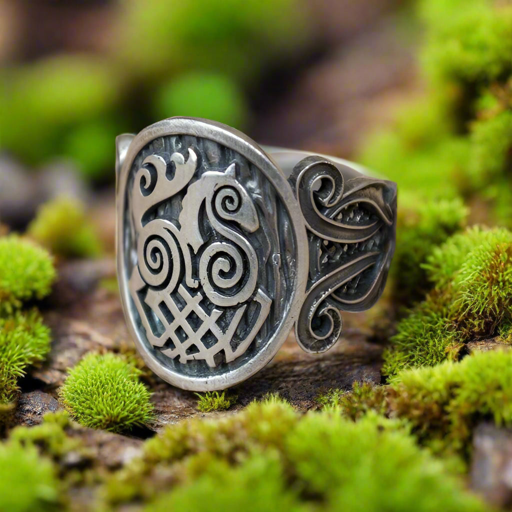 Sterling silver ring with an eight-legged Sleipnir horse inside a knotwork border