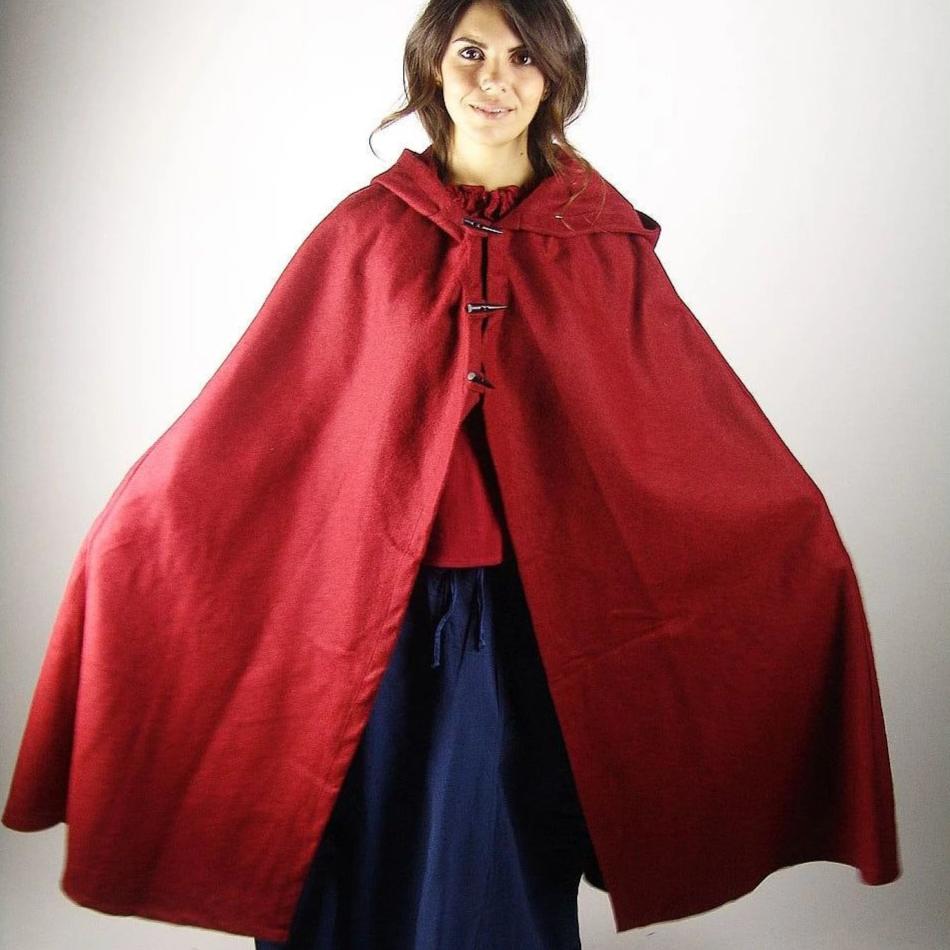 Close-up of the short hood on a wool cloak